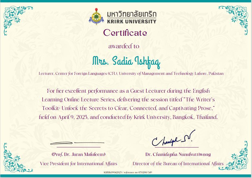Mrs. Sadia Ishfaq speaking at Krirk University online lecture